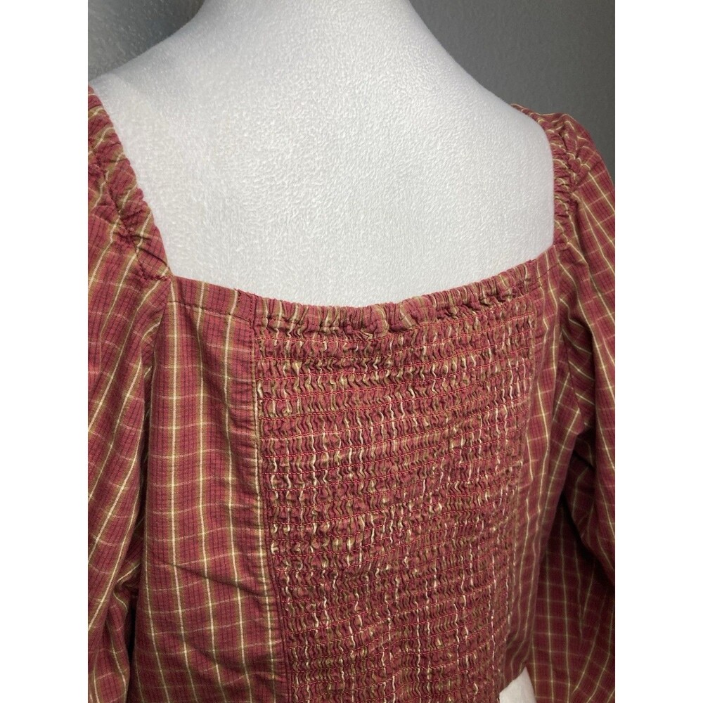 Levis Crop Top Blouse XL Red Cotton Plaid Puff Sleeve Smocked Milkmaid Boho Y2K - Picture 7 of 11